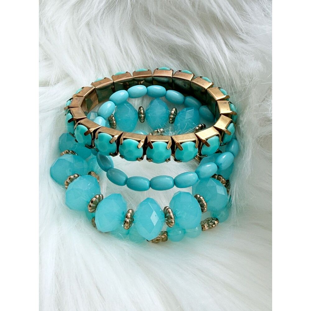 Teal Turquoise Beaded Bracelet Stack - Set of 4 Elastic & Link Bangles Gold Tone